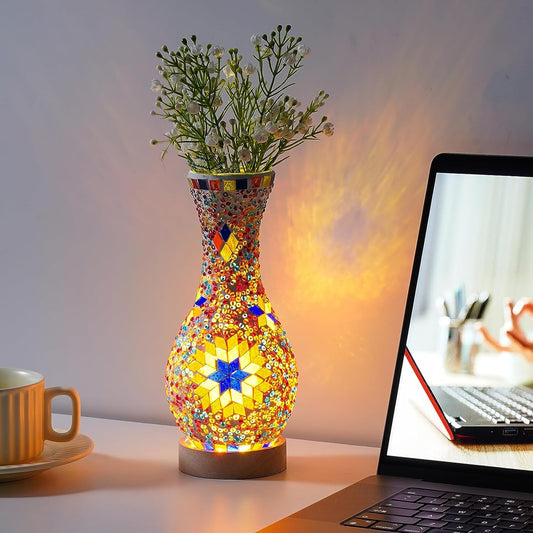 Colorful Handmade Glass Mosaic Vase Lamp with Wood Base - USB Charge Decor Light for Bedroom and Living Room Ambient