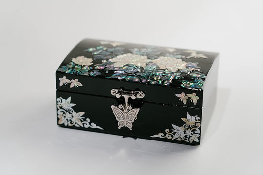 Small Mother of Pearl Jewelry Box: Mirror Lid, Black