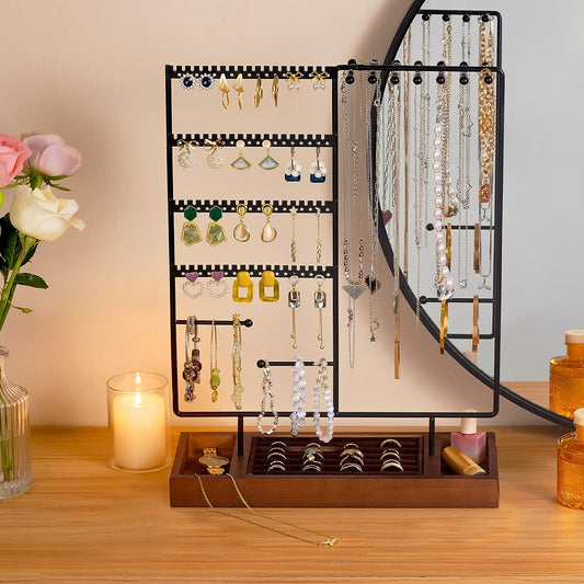 Jewelry Organizer Stand | 6-Tier Earring Holder with Necklace Rack, Bracelet Storage, and Removable Wooden Ring Tray