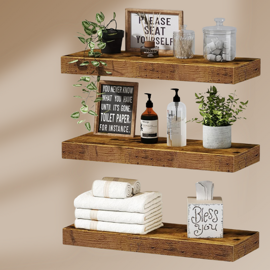 Rustic Brown Floating Shelves - Set of 3 for Bathroom, Bedroom, Kitchen - Farmhouse Decor